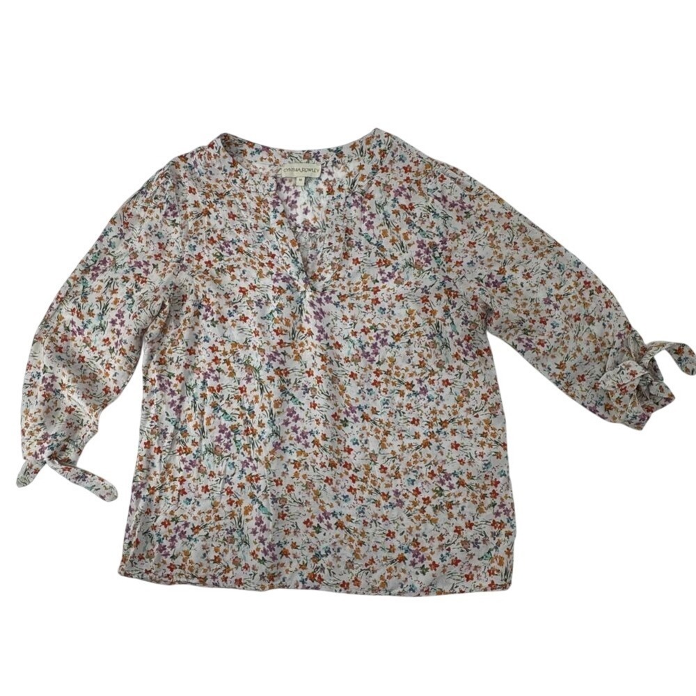 Cynthia Rowley Floral Blouse‎ Tie Sleeve V-Neck Top Lightweight Size M